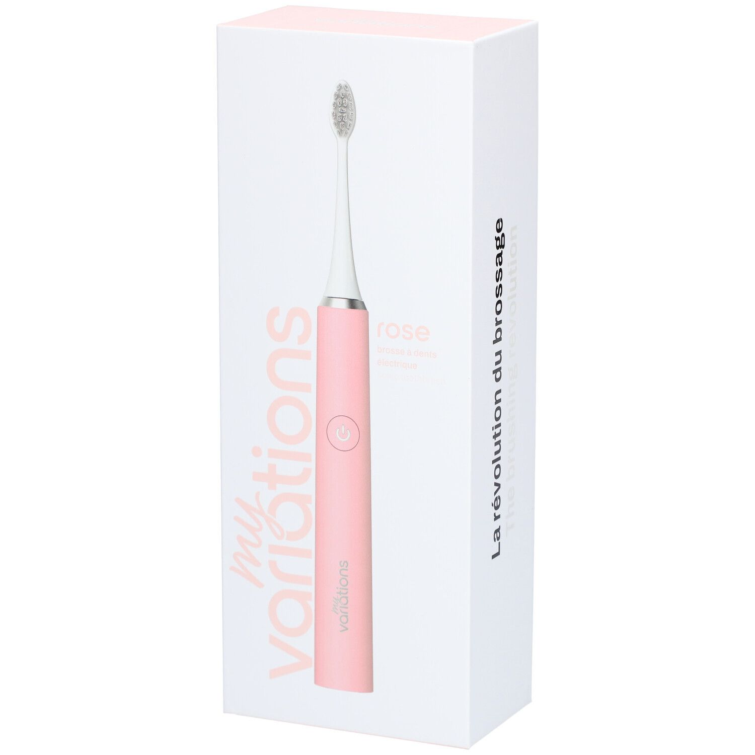 Brosse à dents électrique rose avec tête argentée et bouton de charge sur l'emballage.