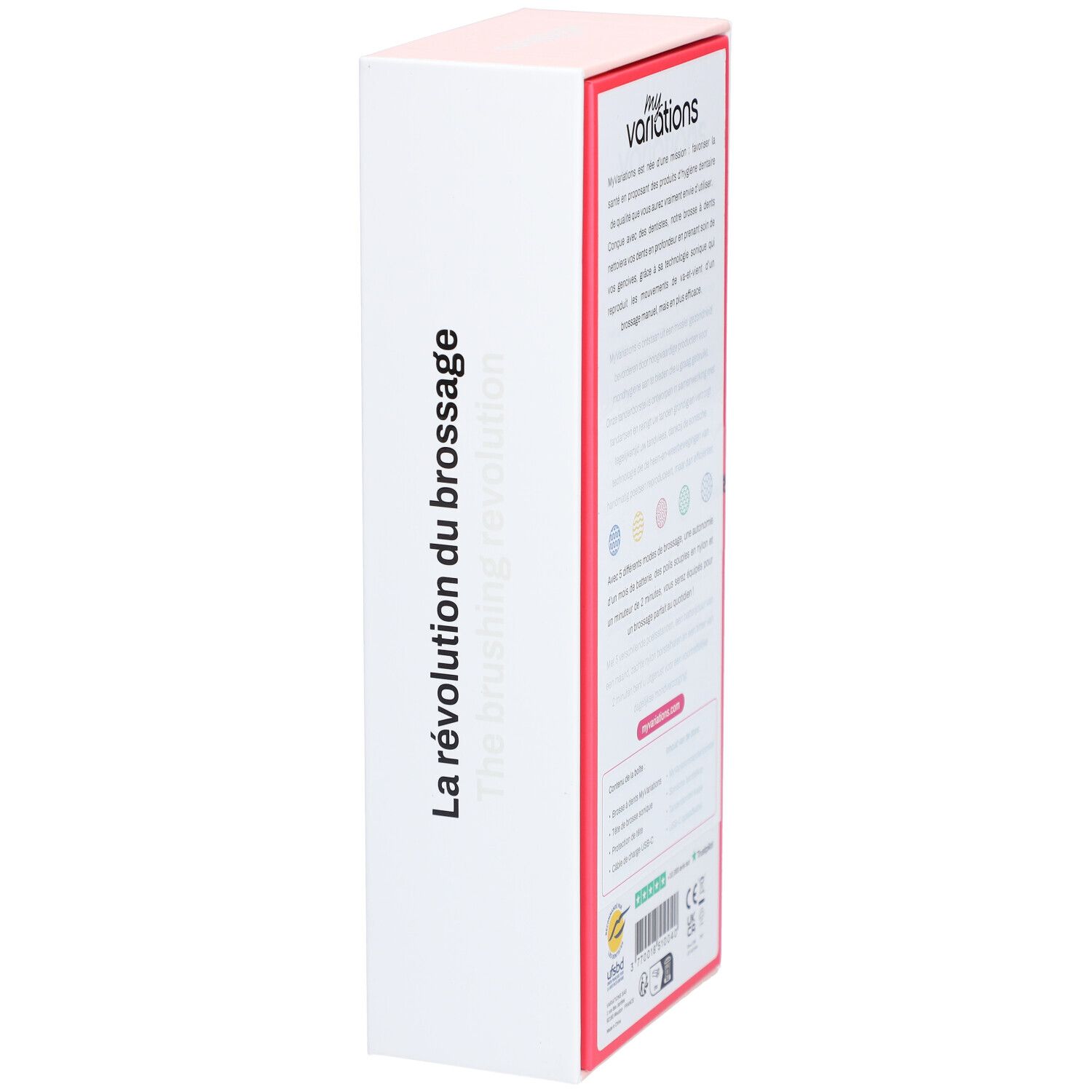 Boîte blanche avec bordure rouge. Texte : "La révolution du brossage".