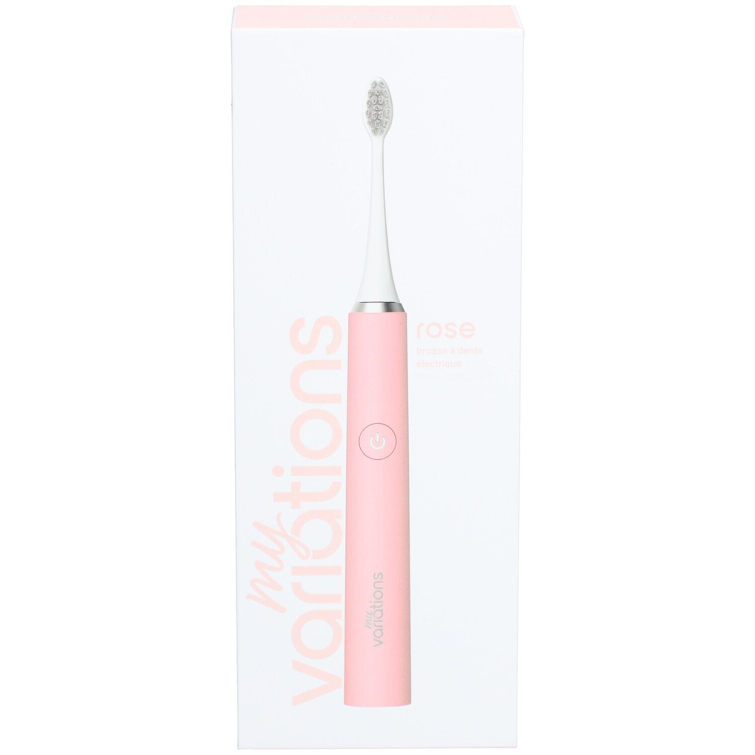 Une brosse à dents électrique rose avec une tête de brosse blanche et des accents argentés, dans une boîte blanche.