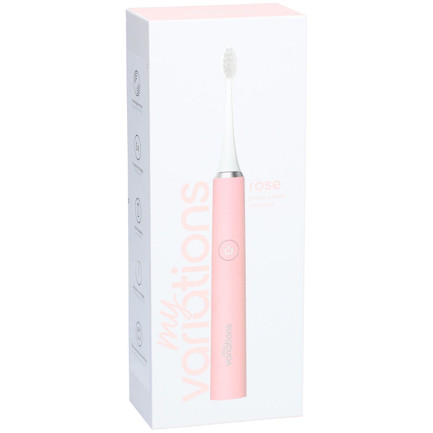 Une brosse à dents électrique rose dans son emballage blanc avec des icônes latérales et l'inscription 'my variations'.