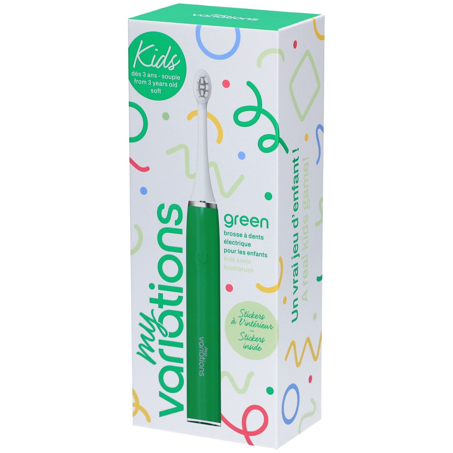 Brosse à dents électrique verte pour enfants sur emballage coloré. Texte : 'my variations', 'green', 'brosse à dents electrique pour les enfants'.