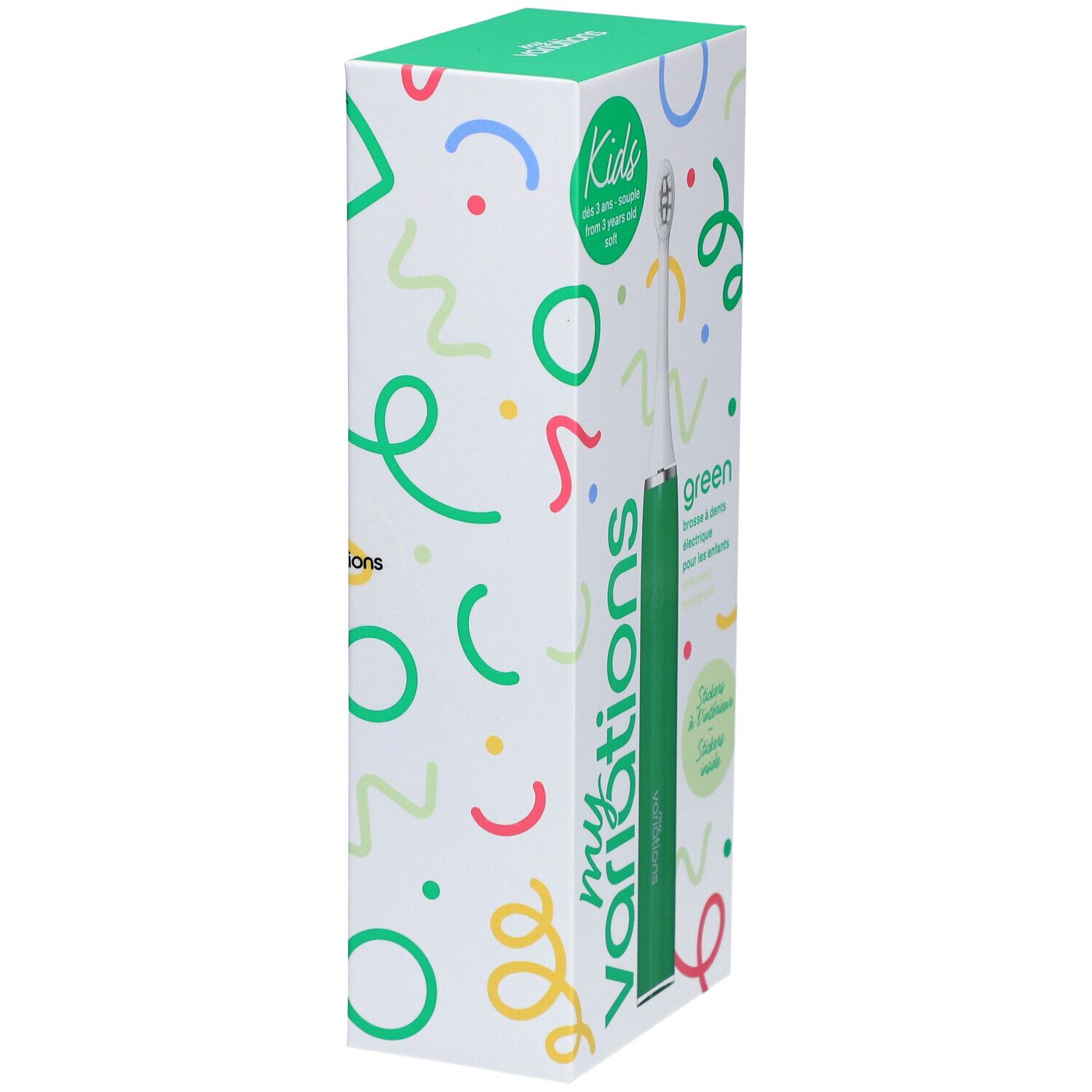 Emballage pour une brosse à dents enfant, mention 'my variations green'.