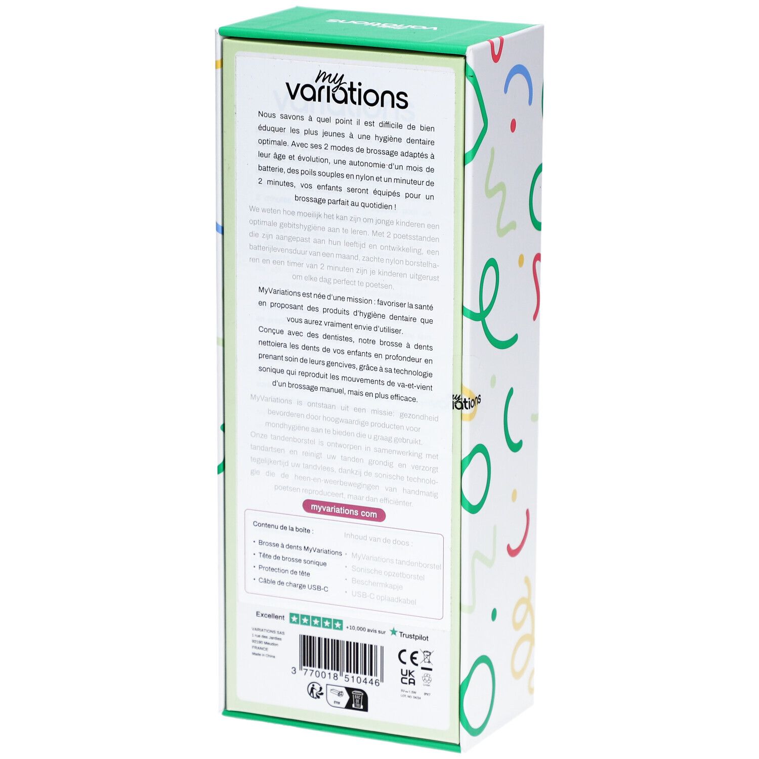 Emballage d'une brosse à dents électrique 'my variations'. Contient des informations sur le contenu et les certifications.