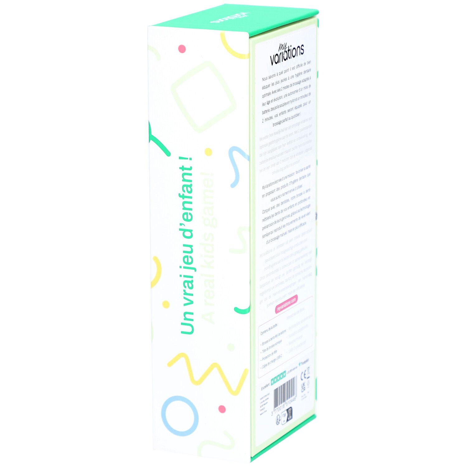 Boîte de jeu pour enfants avec formes géométriques colorées et texte.