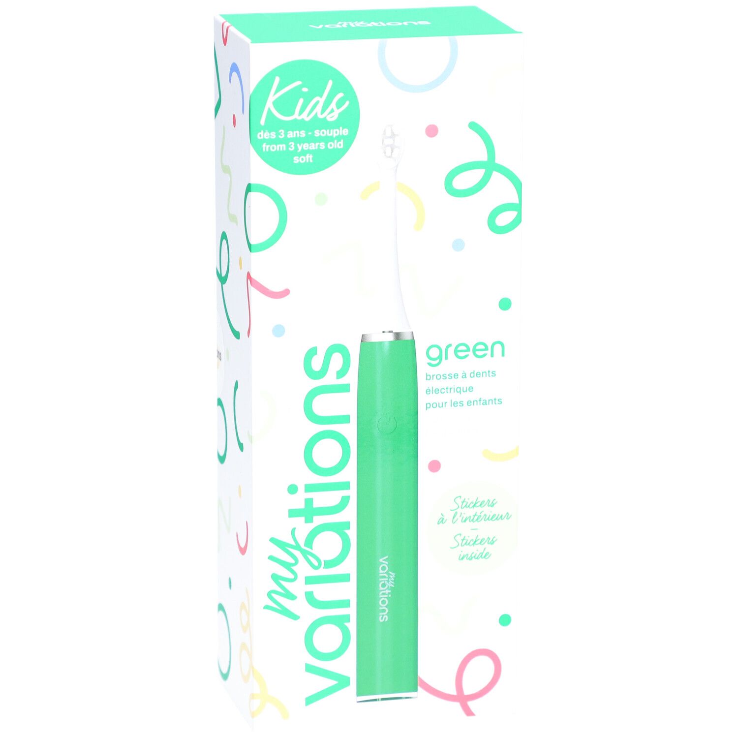 Brosse à dents électrique verte pour enfants, avec inscription 'my variations'.