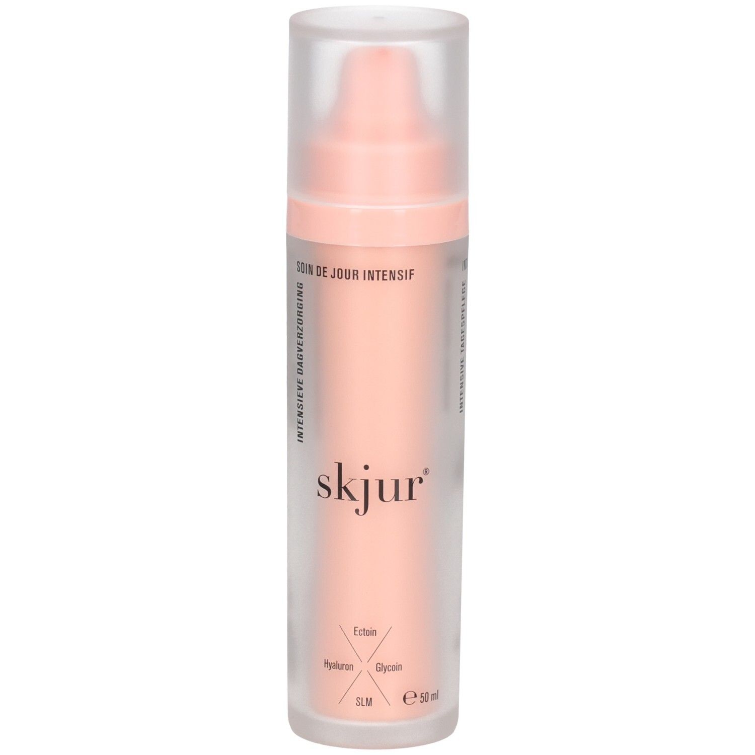 Flacon Skjur Soin de Jour Intensif avec pompe, 50ml. Emballage rose et translucide.