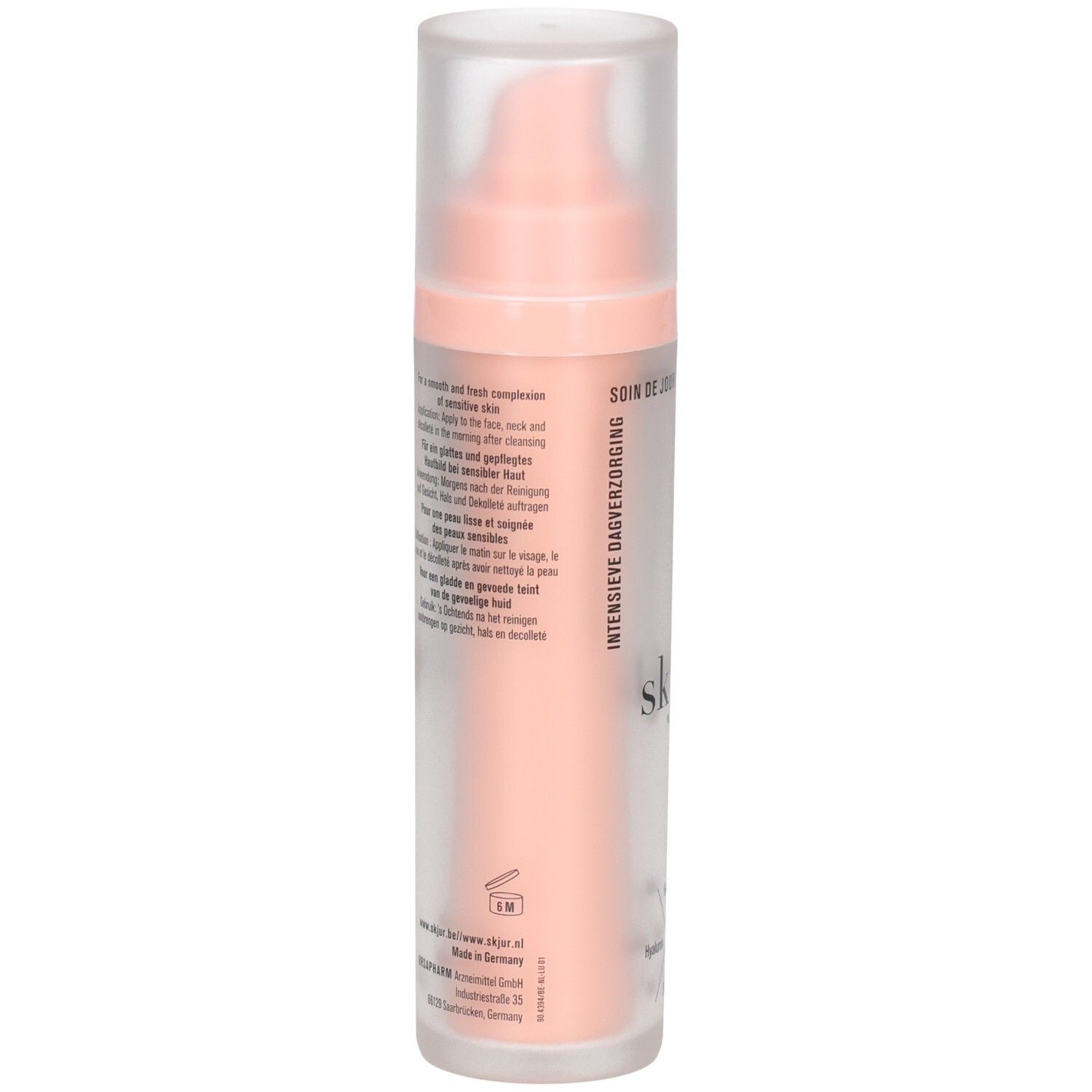 Arrière du flacon Skjur Soin de Jour Intensif avec instructions et ingrédients. Emballage rose et translucide.
