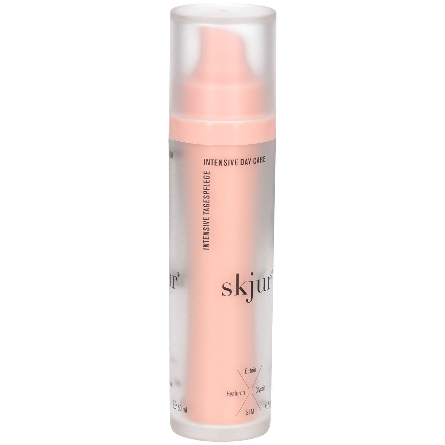 Flacon Skjur Soin de Jour Intensif avec pompe, 50ml. Emballage rose et translucide. Texte en anglais et allemand.