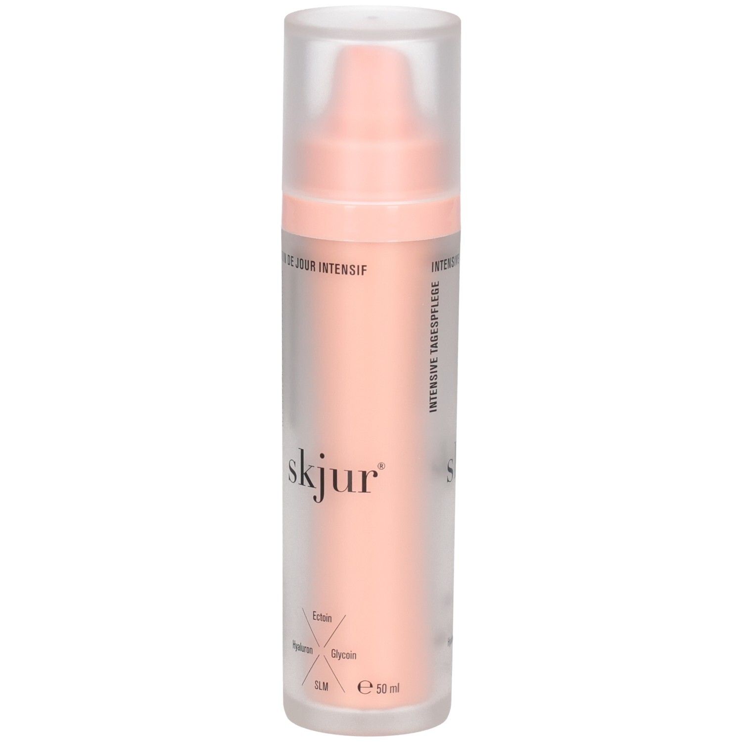 Flacon Skjur Soin de Jour Intensif avec pompe, 50ml. Emballage rose et translucide. Texte en allemand et français.