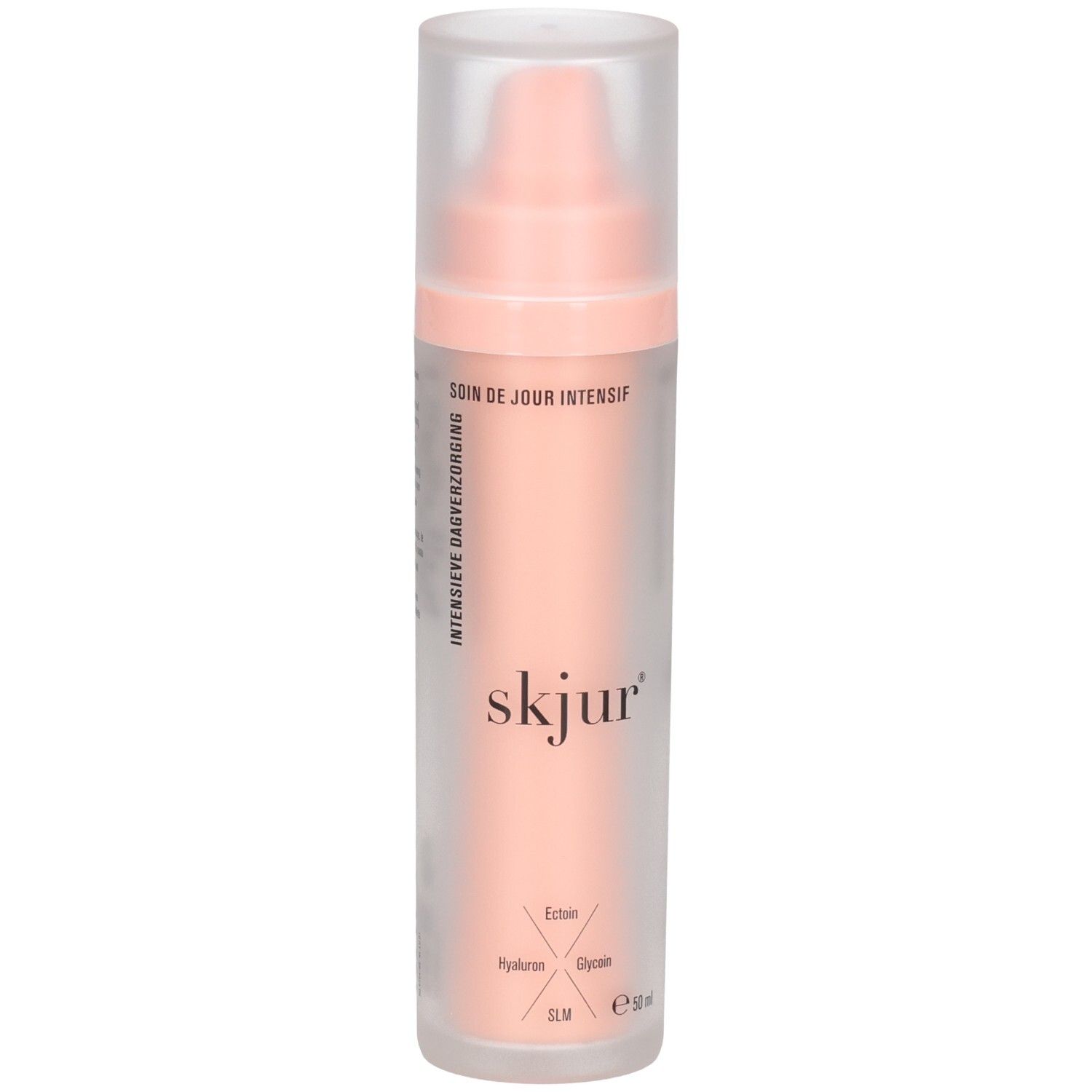Flacon Skjur Soin de Jour Intensif avec pompe, 50ml. Emballage rose et translucide. Texte en allemand et néerlandais.
