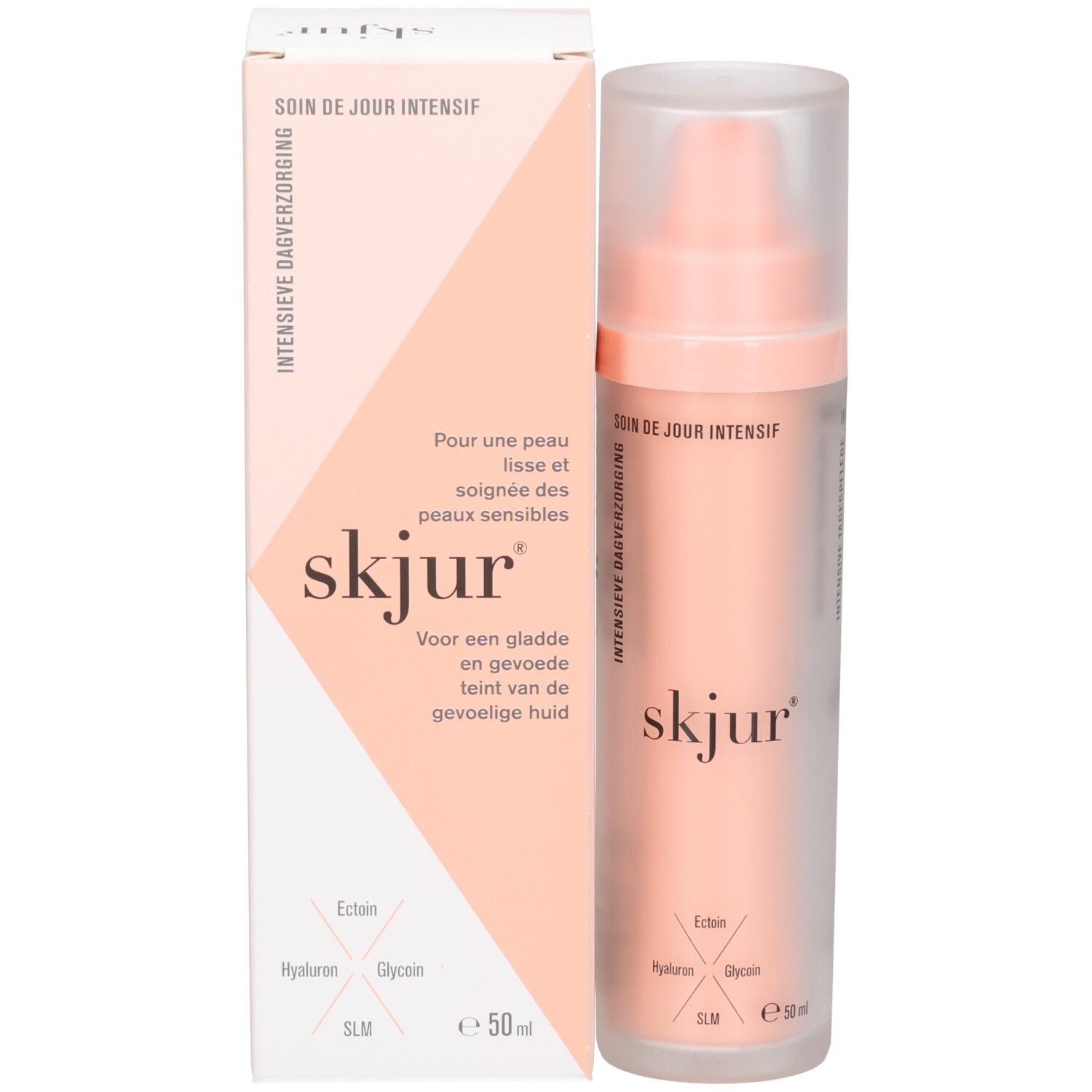 Flacon et boîte Skjur Soin de Jour Intensif, 50ml. Emballage rose et translucide. Texte en allemand et néerlandais.