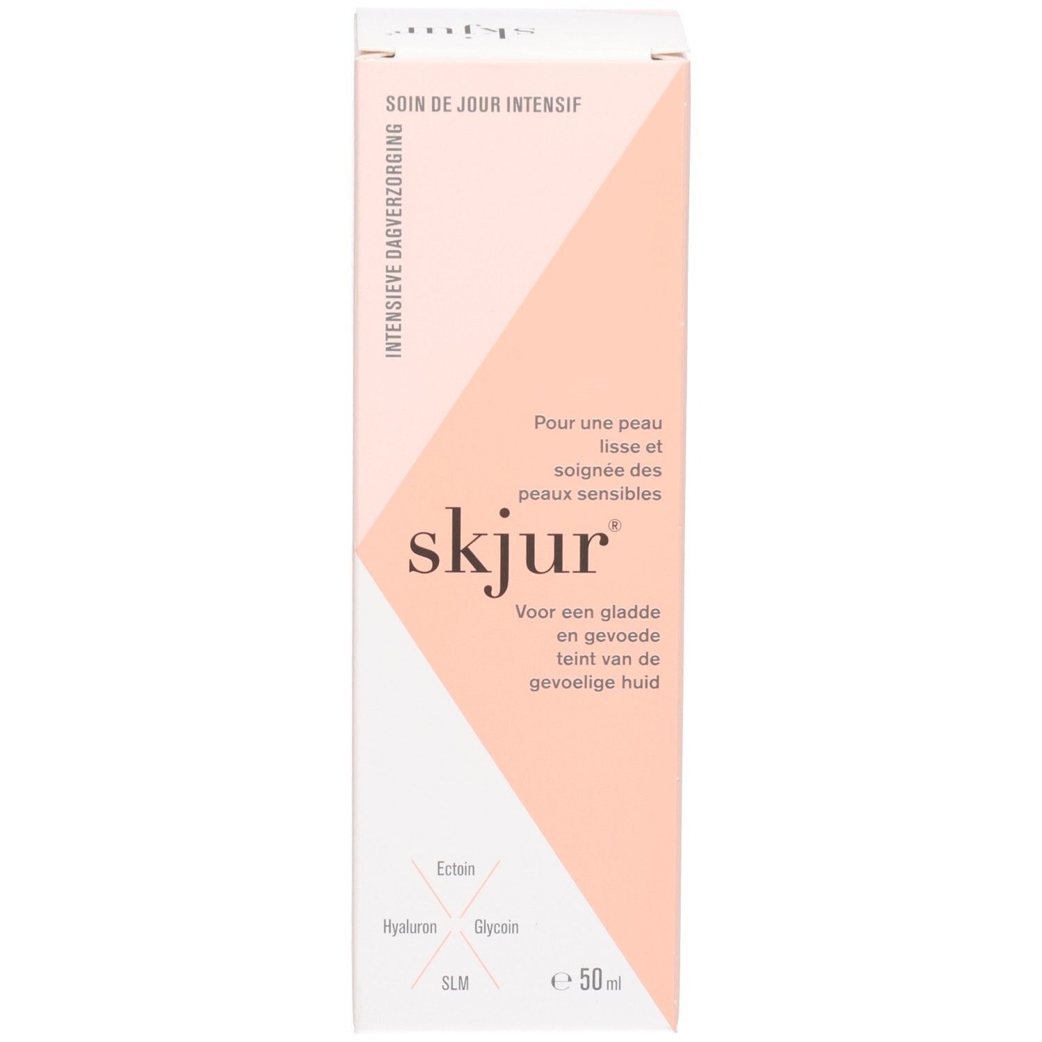 Boîte Skjur Soin de Jour Intensif, 50ml. Emballage rose et translucide. Texte en allemand et néerlandais.