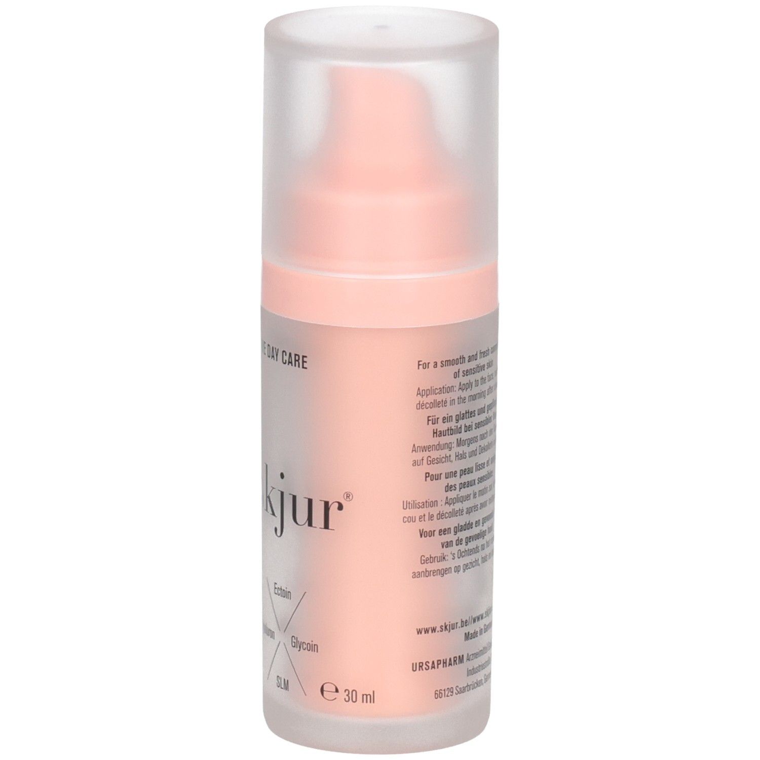 Flacon Skjur Soin de Jour Intensif avec pompe, 30 ml, avec instructions en anglais.