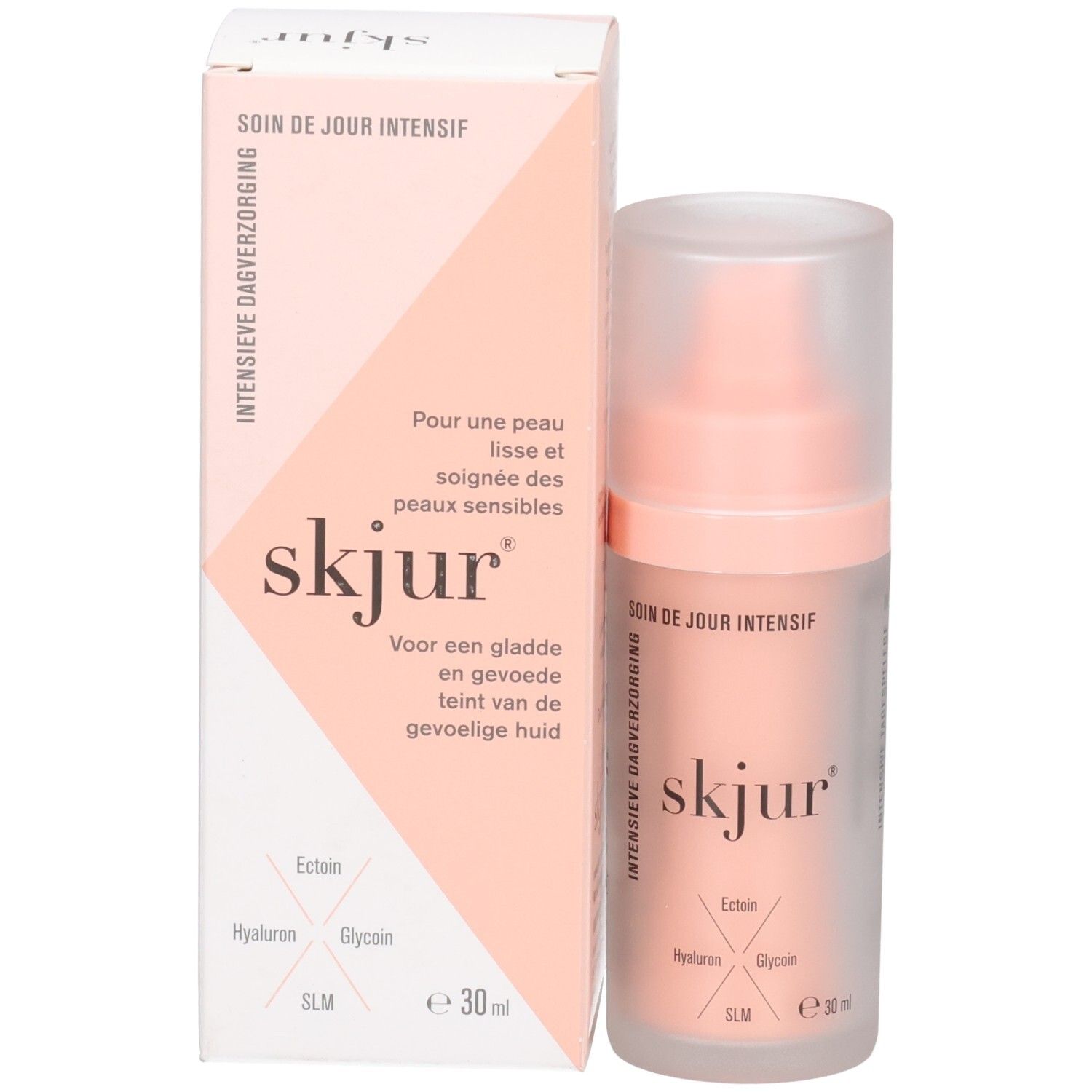 Flacon Skjur Soin de Jour Intensif et boîte, 30 ml, vue de trois quarts avant.
