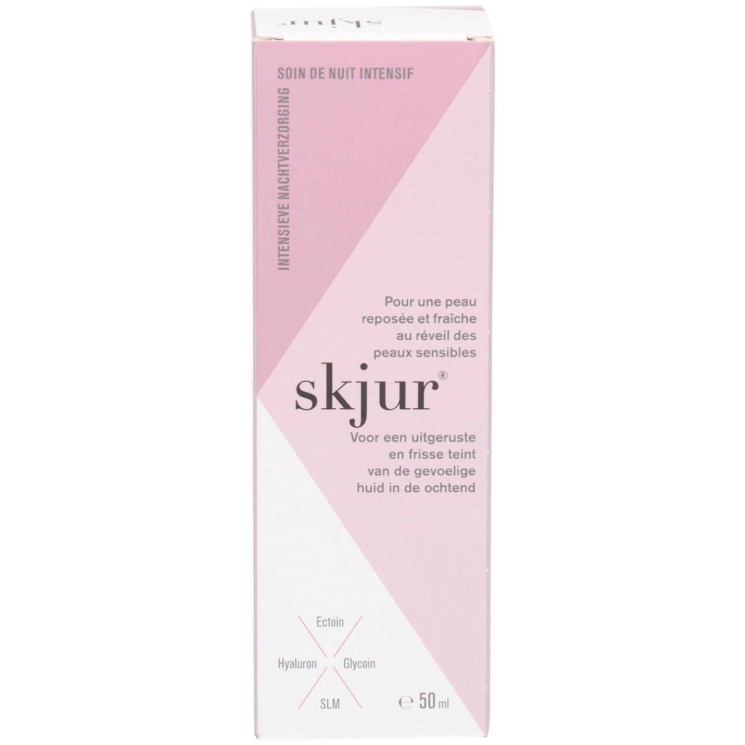 Emballage Skjur Soin de Nuit Intensif, rose, avec informations produit.