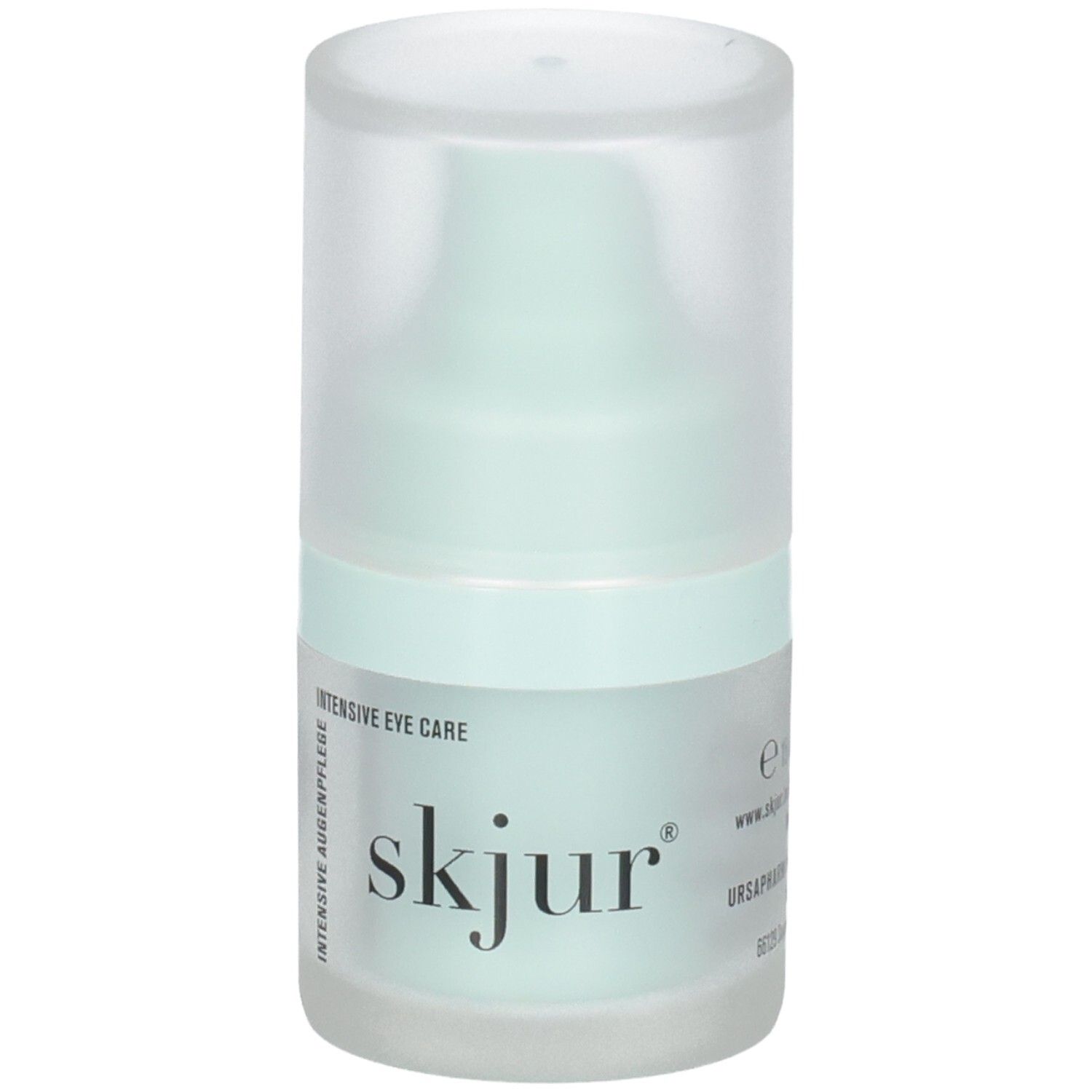 Flacon Skjur Soin Intensif des Yeux avec pompe. Emballage vert clair et blanc.