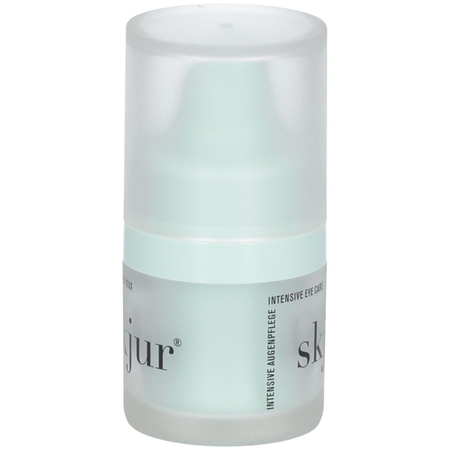 Flacon Skjur Soin Intensif des Yeux avec pompe. Emballage vert clair et blanc.