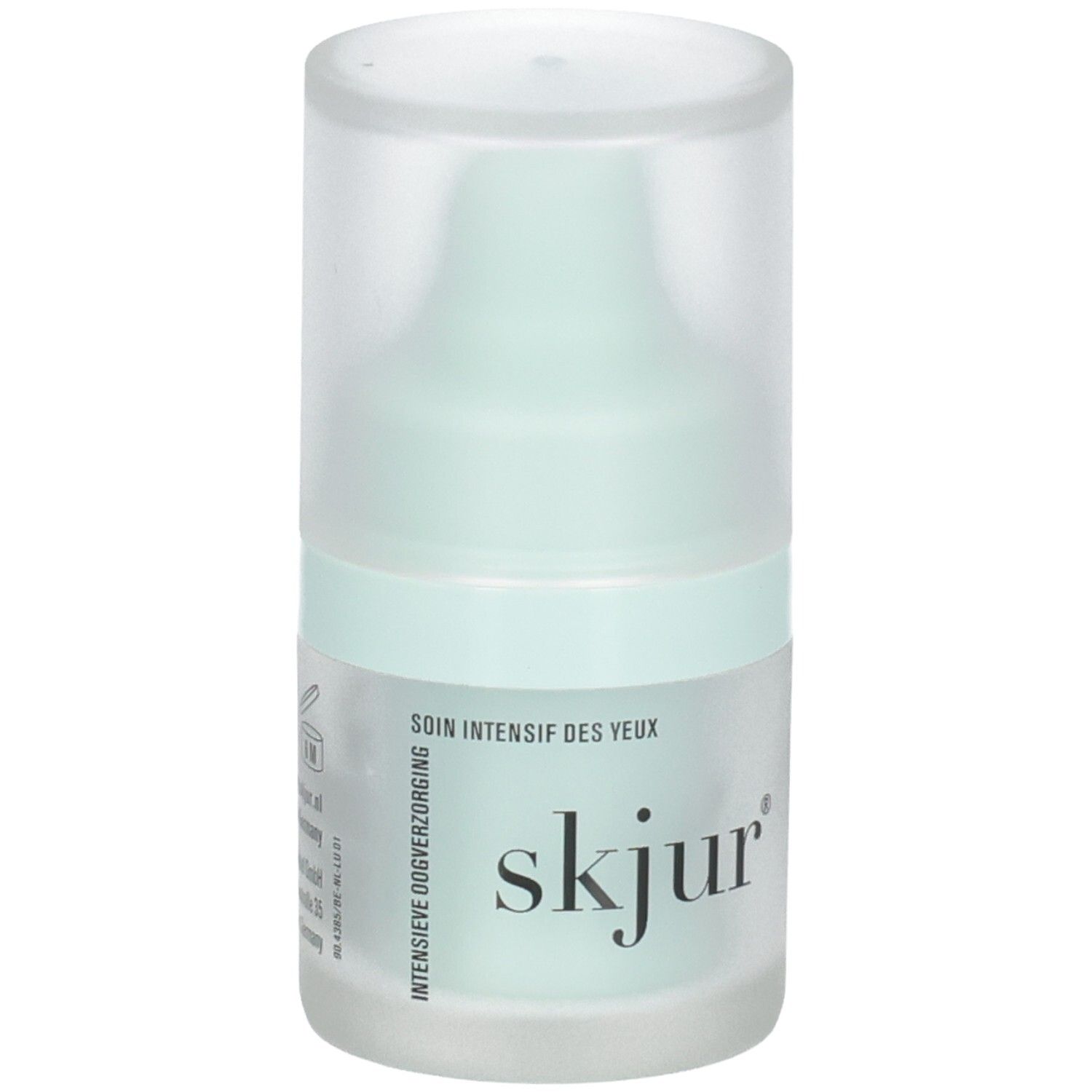 Flacon Skjur Soin Intensif des Yeux avec pompe. Emballage vert clair et blanc.