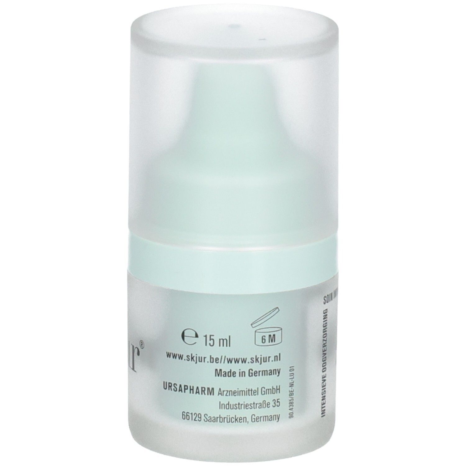 Flacon Skjur Soin Intensif des Yeux, 15ml. Contient des informations comme le site web et le lieu de fabrication.
