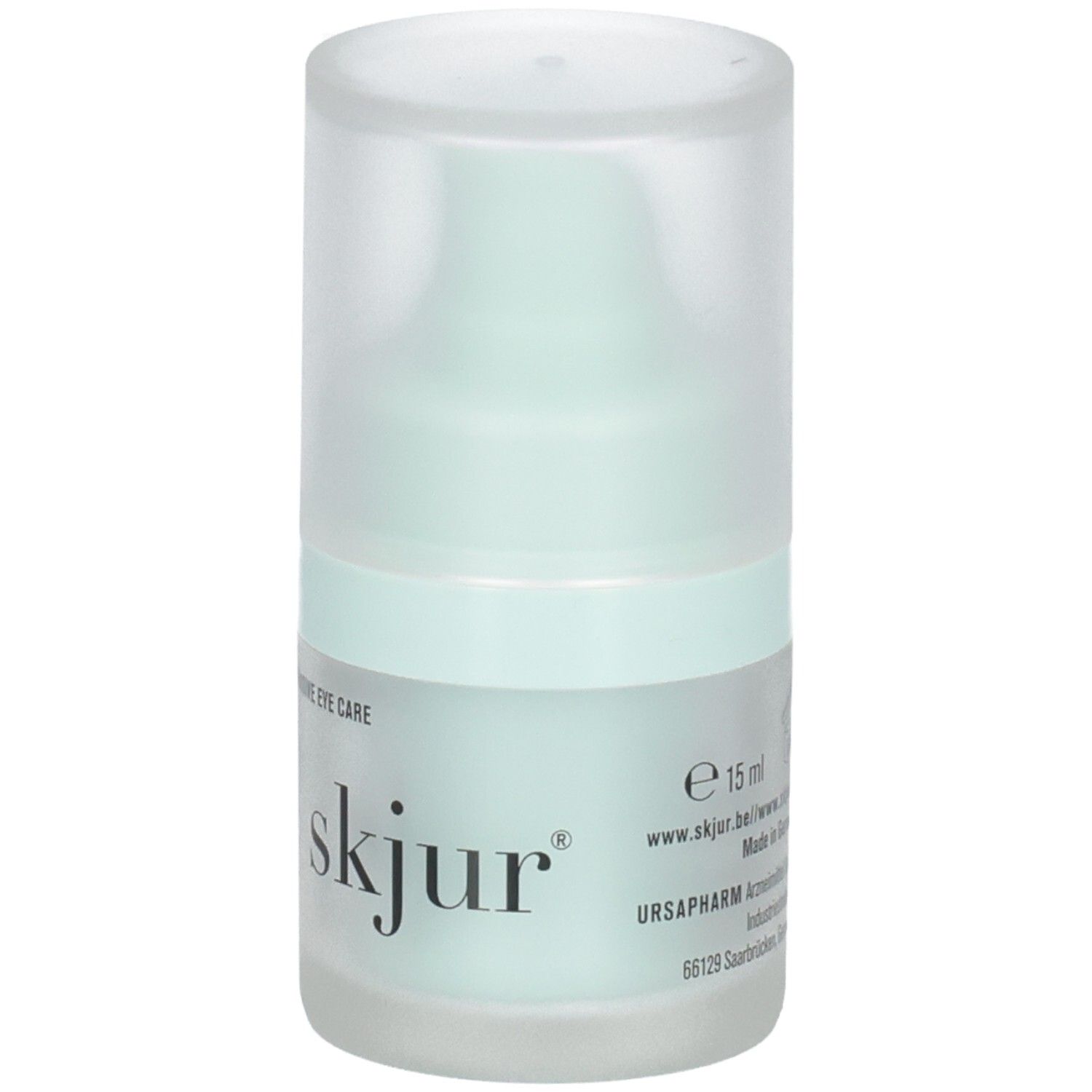 Flacon Skjur Soin Intensif des Yeux, 15ml. Contient des informations comme le site web et le lieu de fabrication.