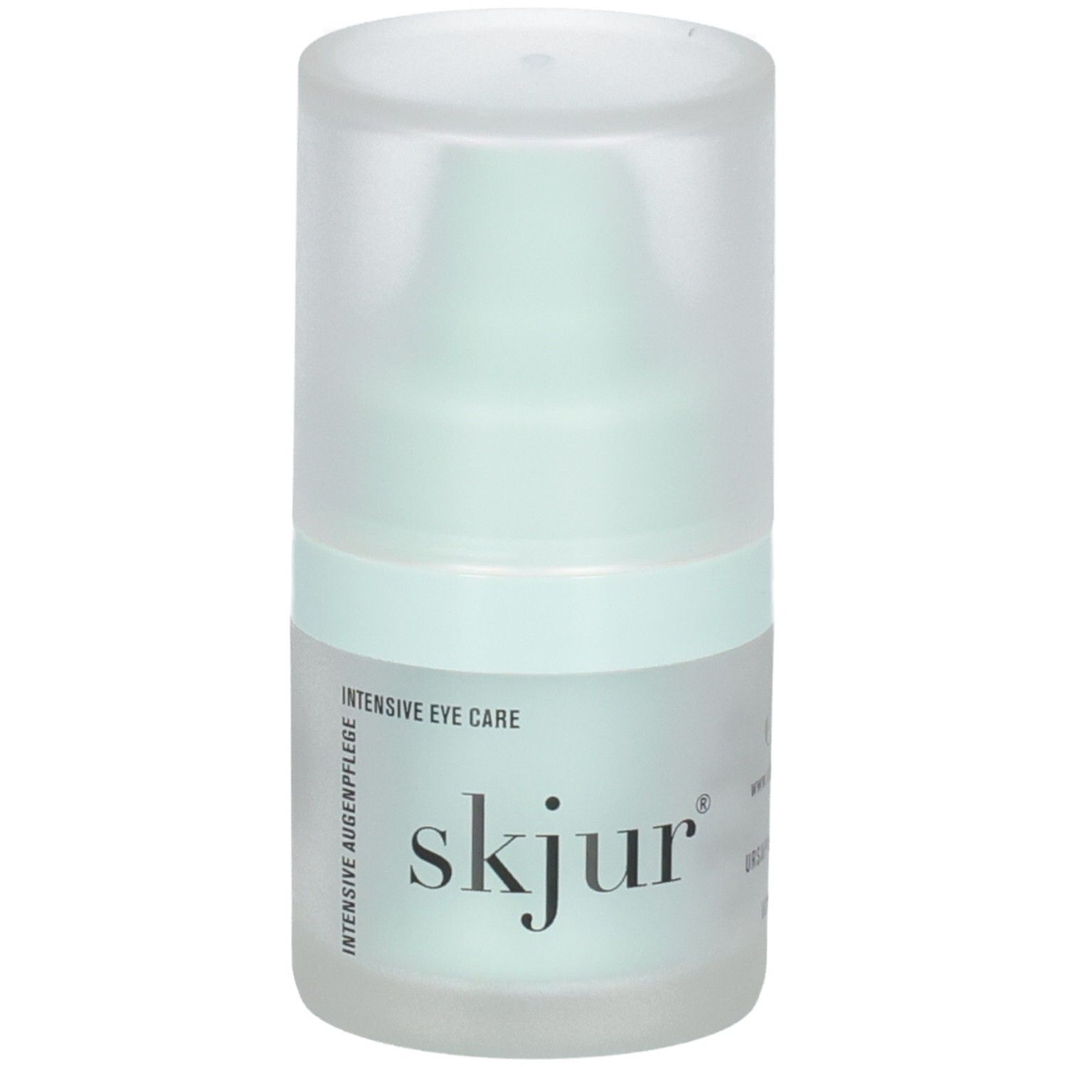 Flacon Skjur Soin Intensif des Yeux avec pompe. Emballage vert clair et blanc.