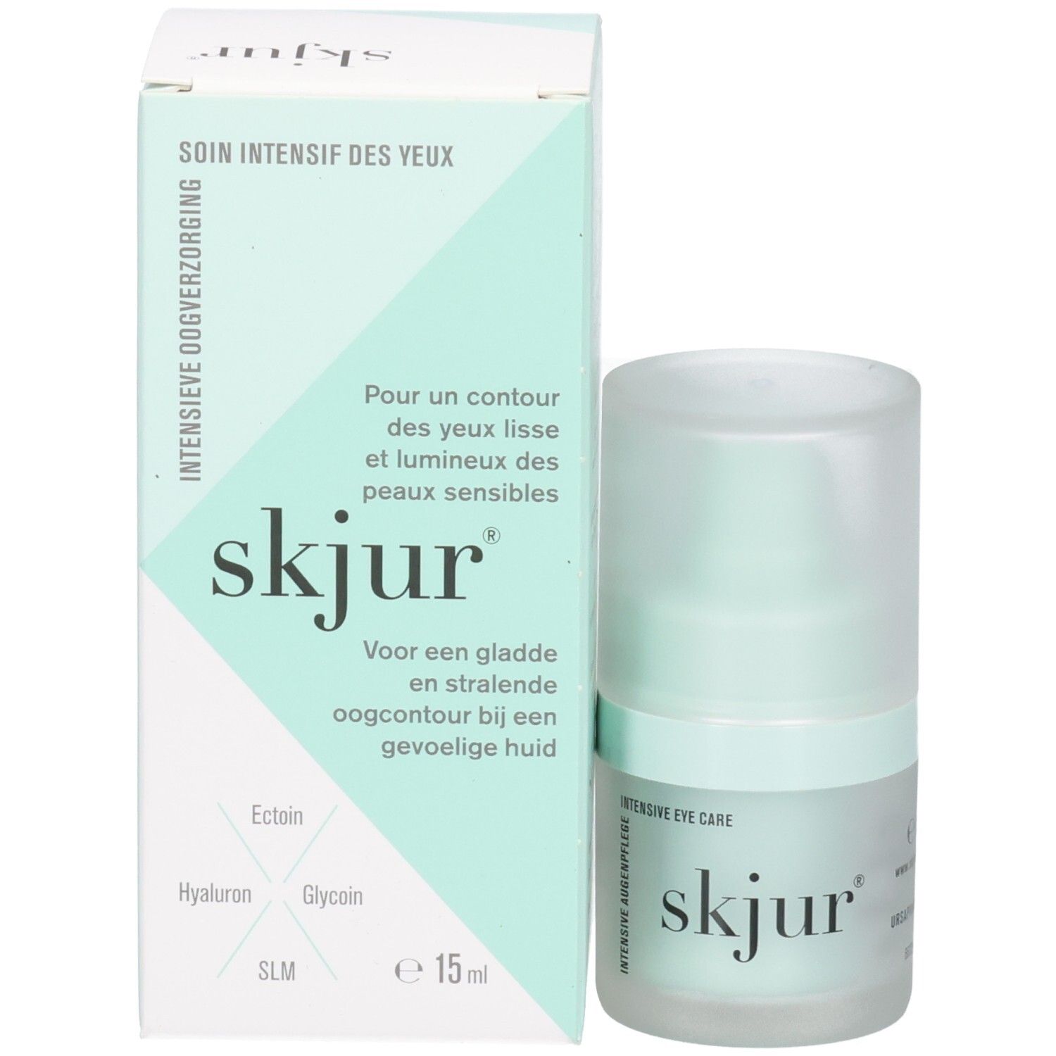 Flacon Skjur Soin Intensif des Yeux et boîte pliante. Contient Ectoin, Hyaluron, Glycoin.
