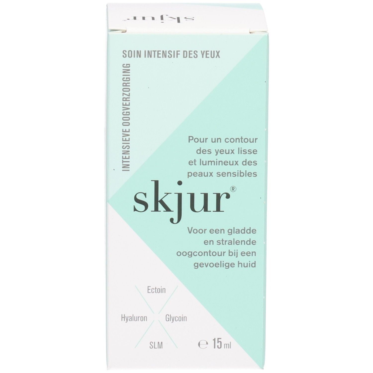 Flacon Skjur Soin Intensif des Yeux et boîte pliante. Contient Ectoin, Hyaluron, Glycoin.