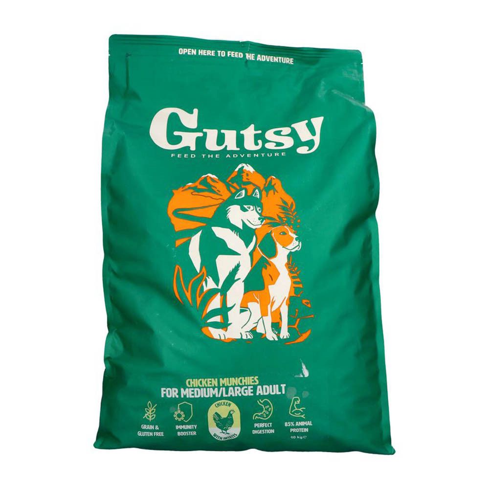 Sac vert avec logo Gutsy et image de chiens. Texte : Chicken Munchies pour chiens moyens/grands. Vue de face.