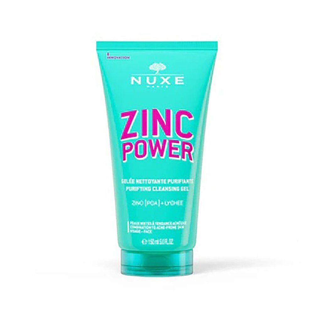 Gelée nettoyante Nuxe Zinc Power dans un tube turquoise avec inscription rose. 150ml.