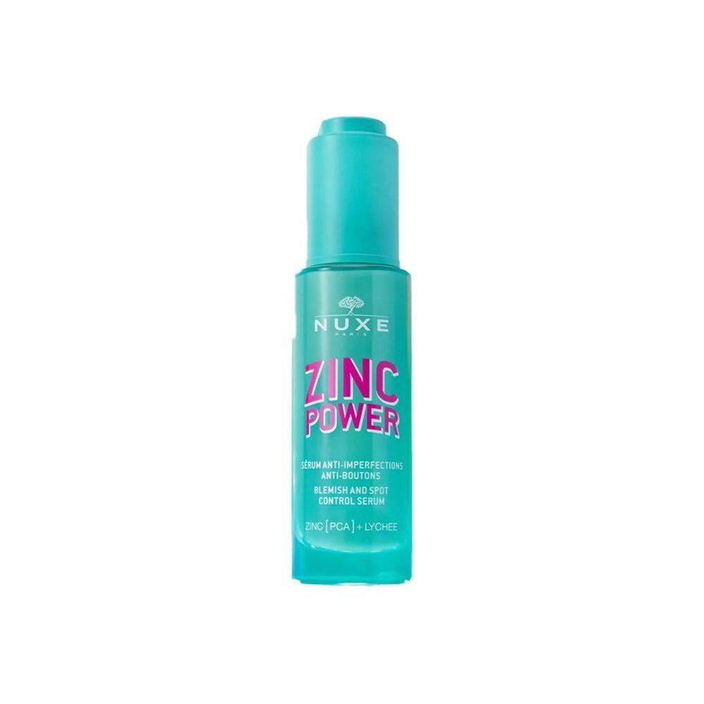 Flacon NUXE Zinc Power Serum avec bouchon et étiquette turquoise.