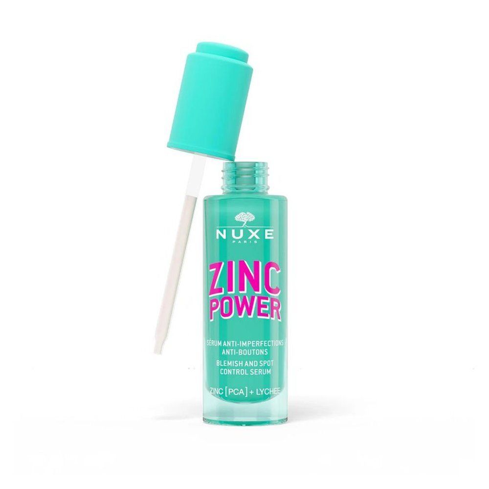 Flacon NUXE Zinc Power Serum avec bouchon et étiquette turquoise.