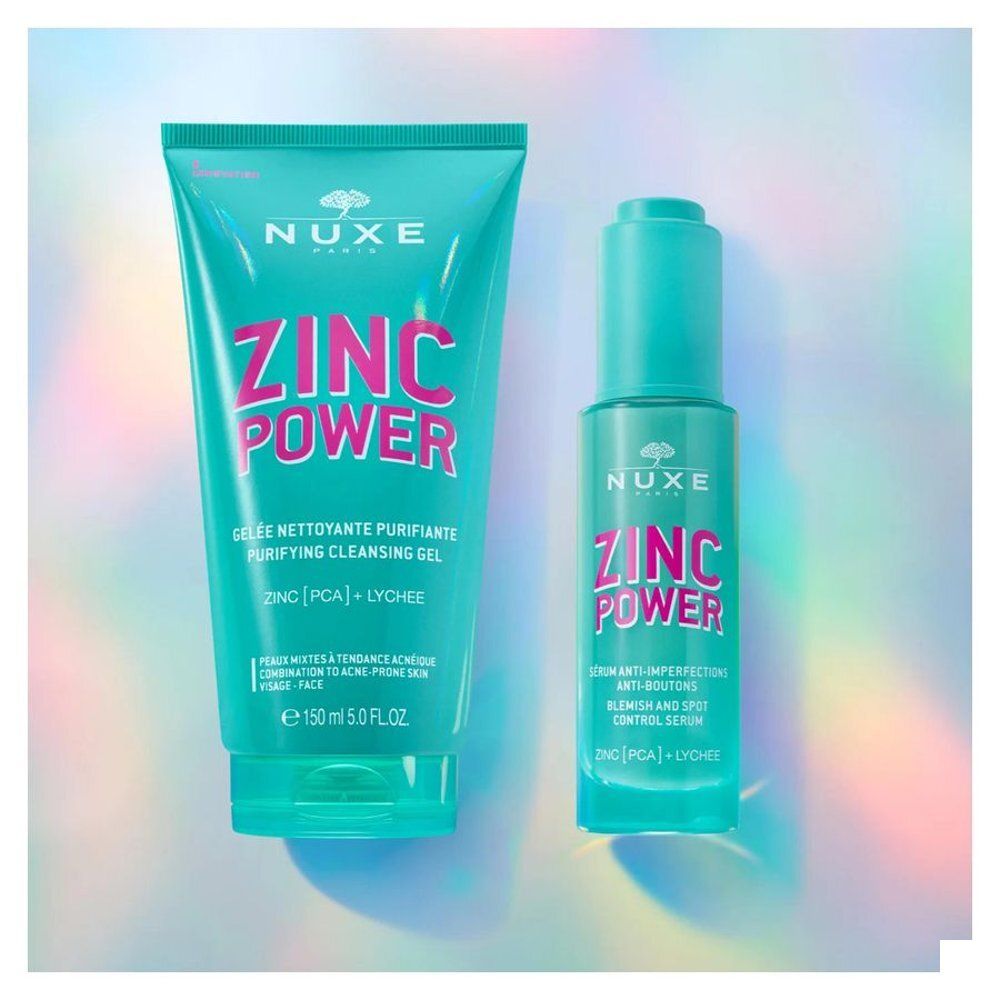 Flacon NUXE Zinc Power Serum avec bouchon et étiquette turquoise.