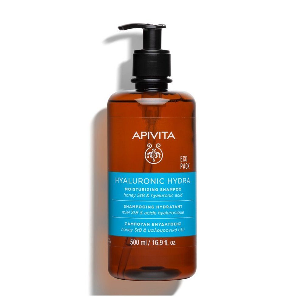 Flacon marron avec pompe noire. Inscription : Apivita Hyaluronic Hydra Moisturizing Shampoo.