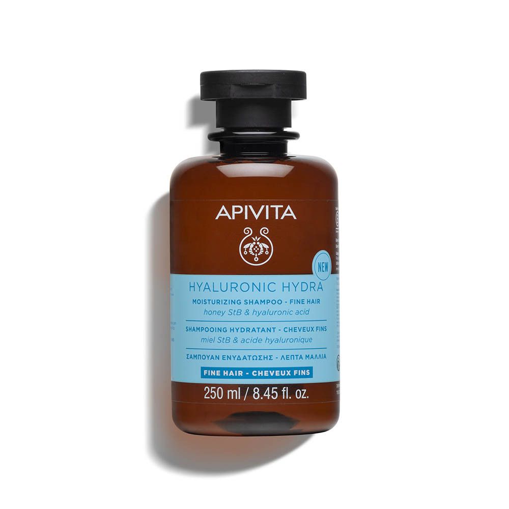 Shampoing Apivita Hyaluronic Hydra pour cheveux fins, 250 ml. Flacon brun avec bouchon noir et étiquette bleu clair.
