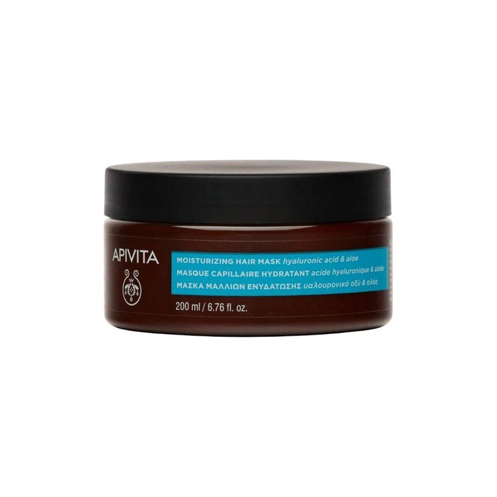 Pot brun avec couvercle noir. Inscription : APIVITA, Hyaluronic Hydra, Moisturizing Hair Mask. Indication de volume.