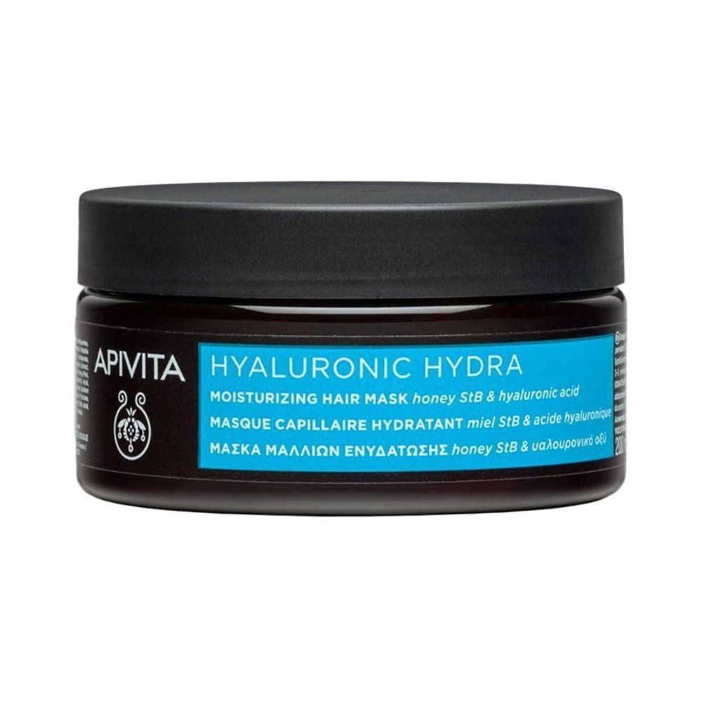 Pot brun avec couvercle noir. Inscription : APIVITA, Hyaluronic Hydra, Moisturizing Hair Mask. Indication de volume.