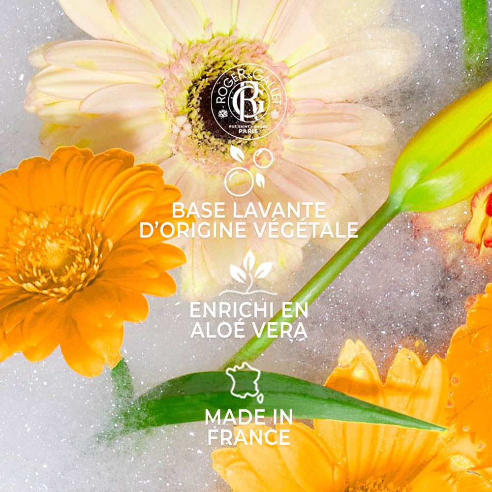 Gros plan sur des fleurs et de la mousse. Texte: Base lavante d'origine végétale, Enrichi en Aloe Vera, Made in France.