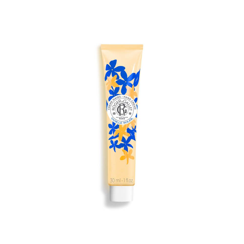 Crème Mains Roger&Gallet Vanille Soleil. Tube jaune avec fleurs bleues et jaunes. 30 ml.