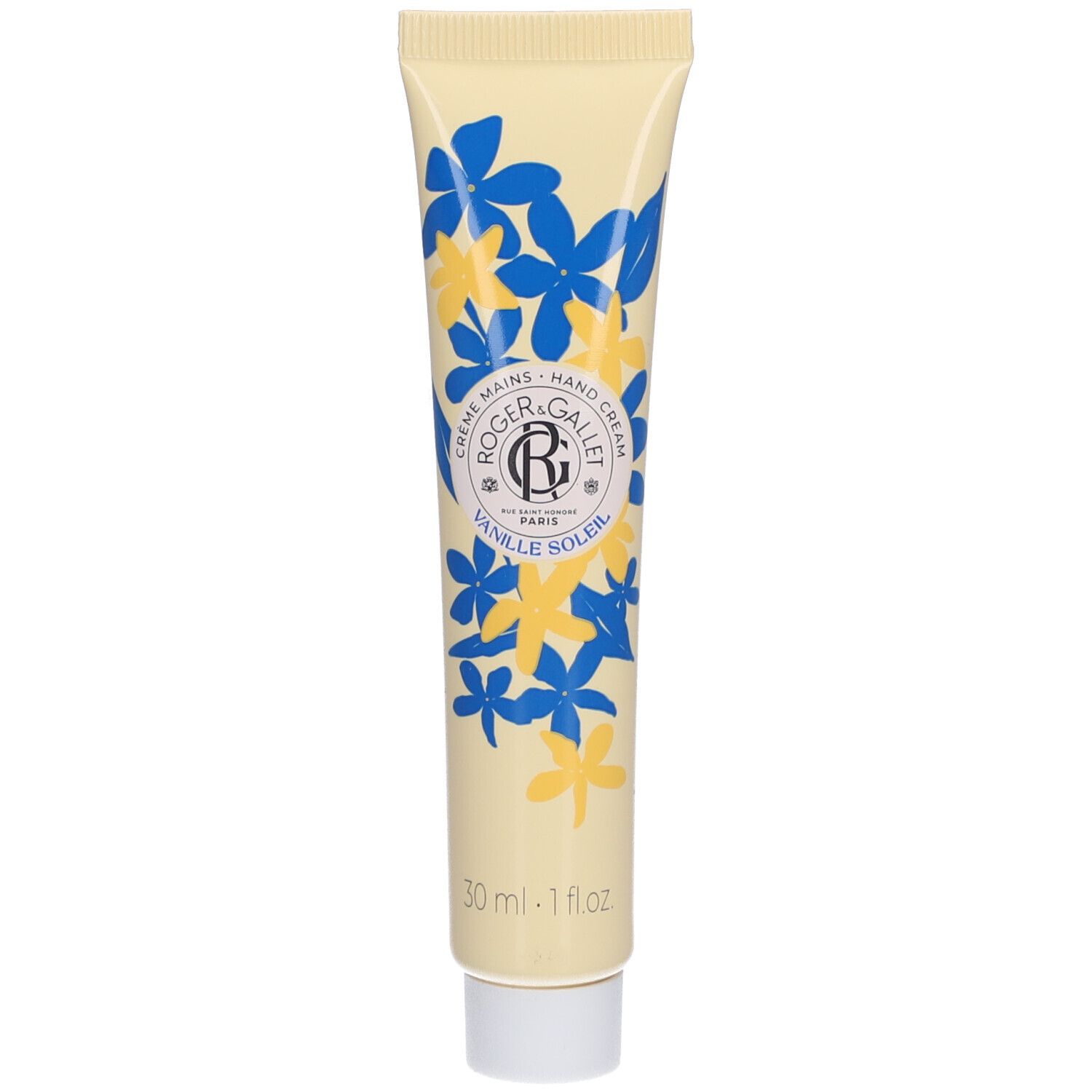 Crème Mains Roger&Gallet Vanille Soleil. Tube jaune avec fleurs bleues et jaunes. 30 ml.