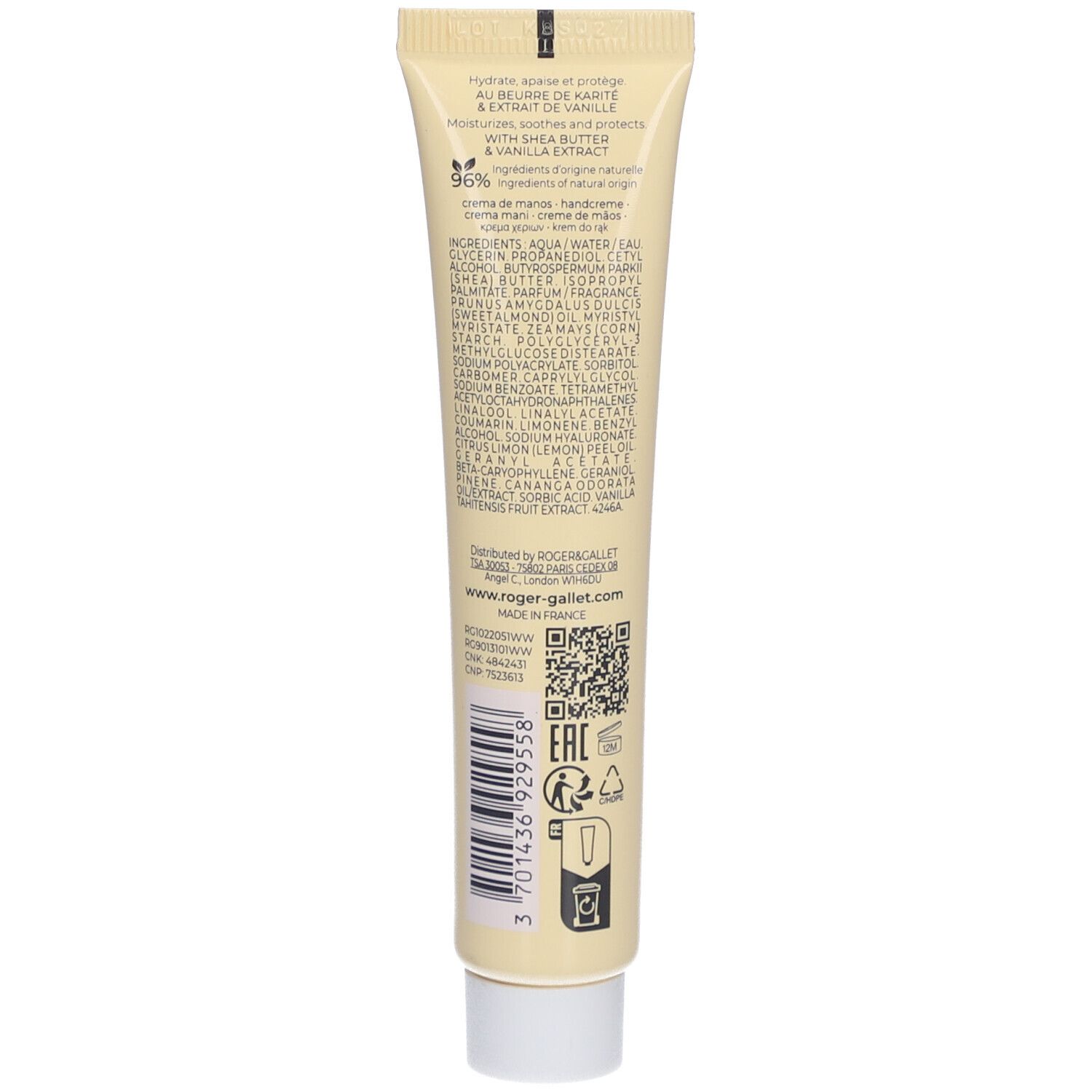 Dos du tube de crème pour les mains. Texte avec ingrédients et informations. Code QR et symbole de recyclage.