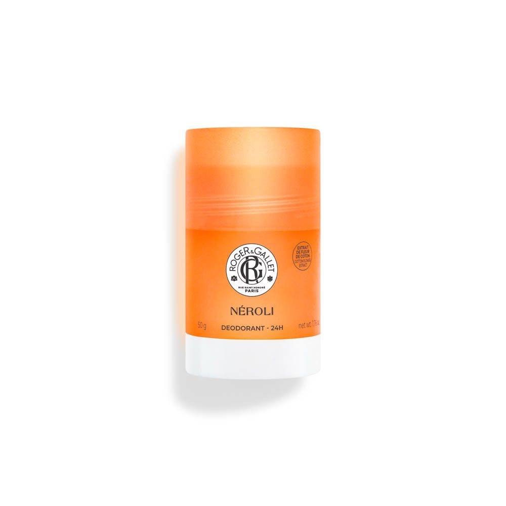 Stick déodorant orange et blanc. Logo et texte: Roger&Gallet, NÉROLI, Déodorant - 24H.