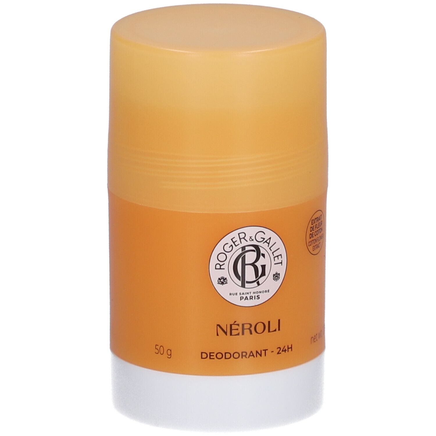 Stick déodorant cylindrique. Récipient orange avec base blanche. Logo et texte: Roger&Gallet, NÉROLI, Déodorant - 24H.