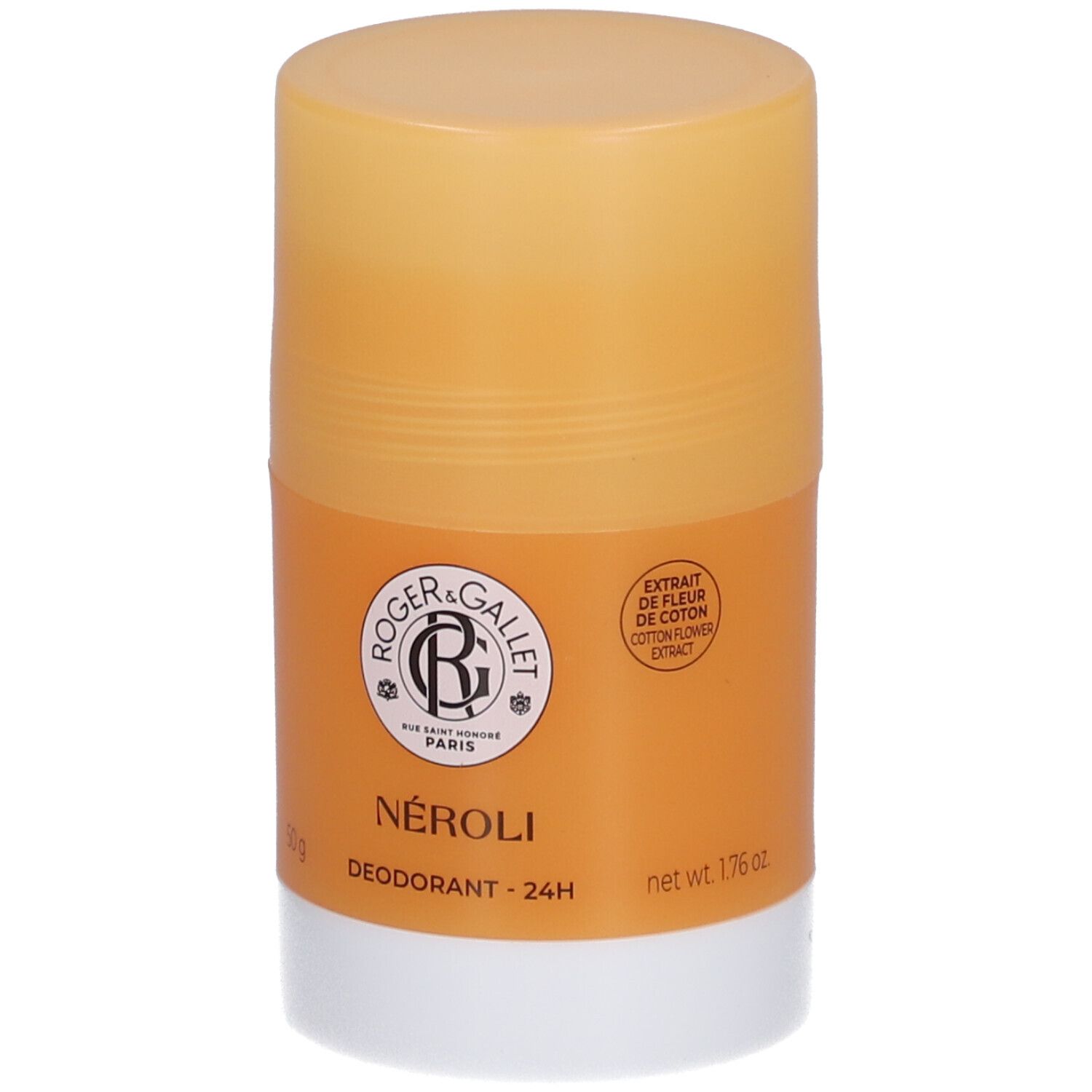 Stick déodorant cylindrique. Récipient orange avec base blanche. Logo et texte: Roger&Gallet, NÉROLI, Déodorant - 24H.