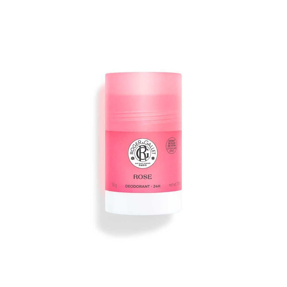 Stick déodorant rose et blanc. Logo et texte: ROGER & GALLET, ROSE, Déodorant - 24H. Sur fond blanc.