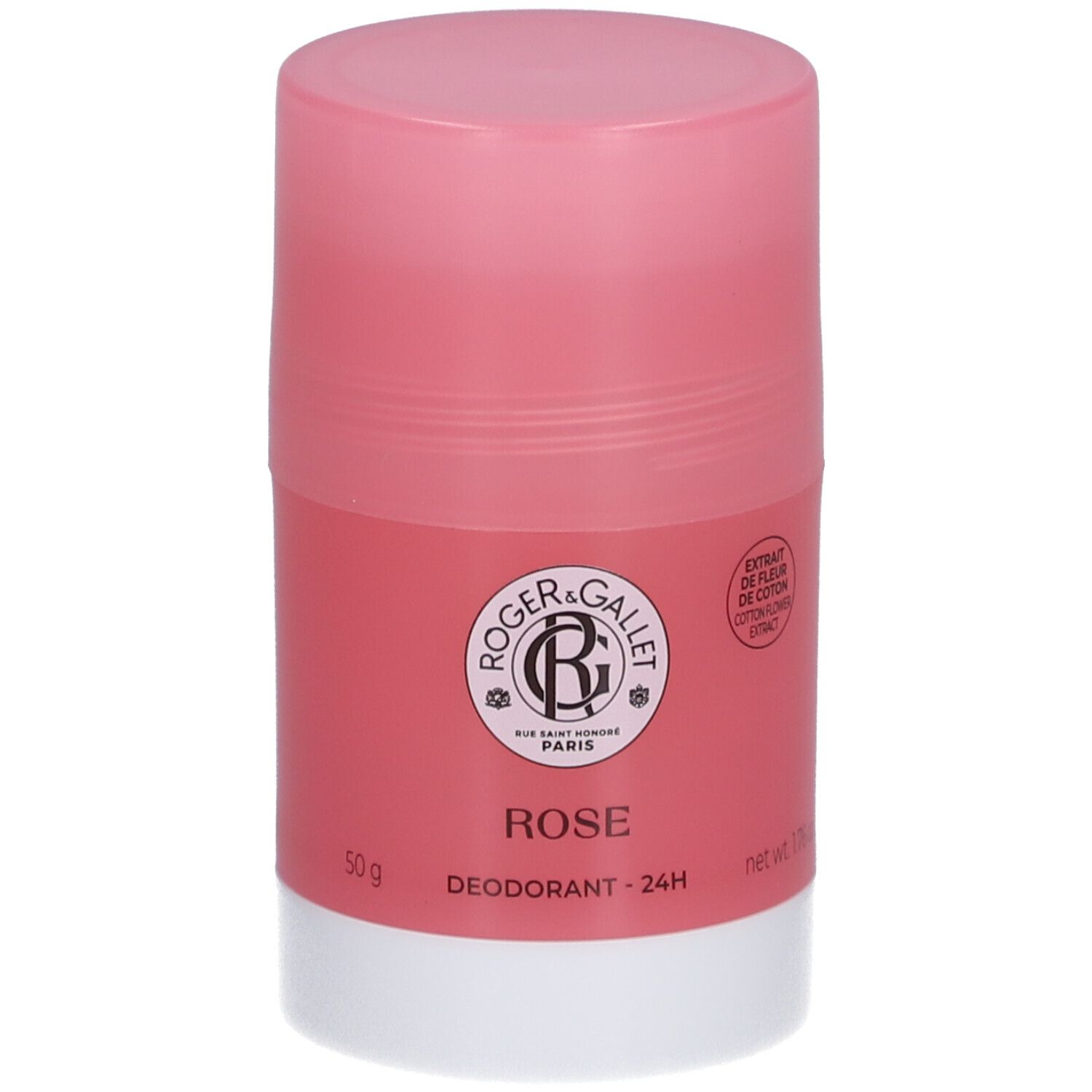 Stick déodorant rose et blanc. Logo et texte: ROGER & GALLET, ROSE, Déodorant - 24H. Contient 50g.