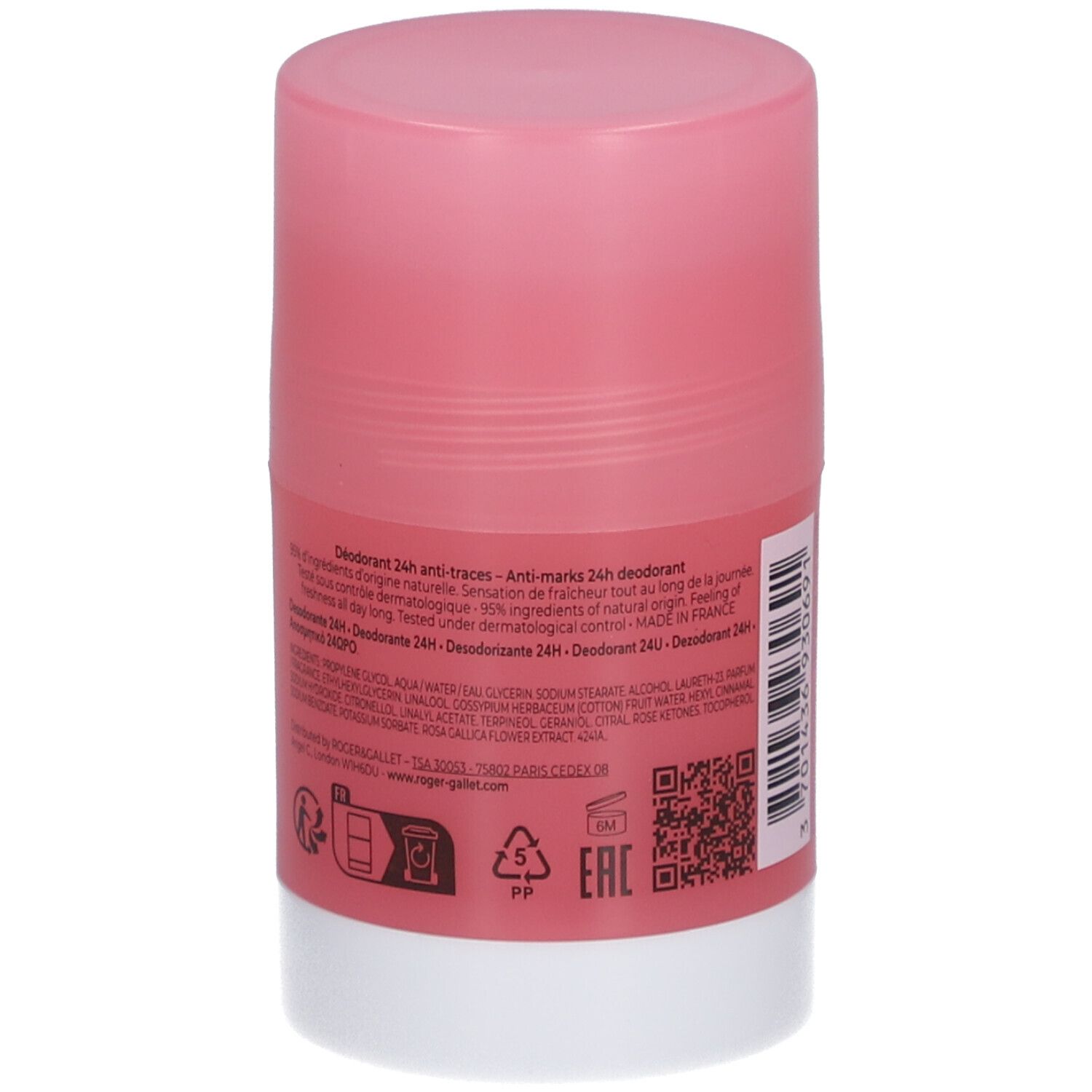 Stick déodorant rose et blanc. Texte au dos, incluant ingrédients et logos.