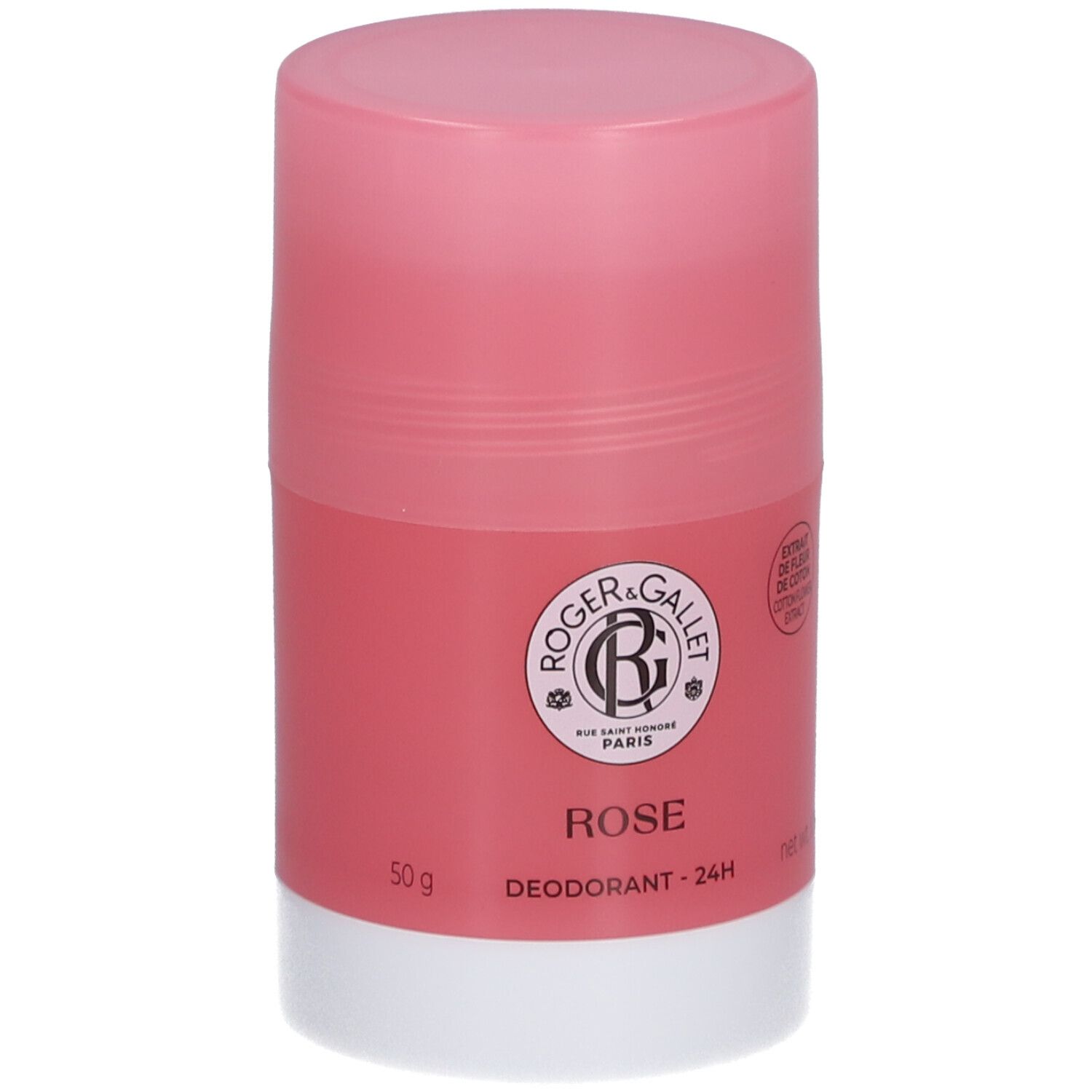 Stick déodorant rose et blanc. Logo et texte: ROGER & GALLET, ROSE, Déodorant - 24H.