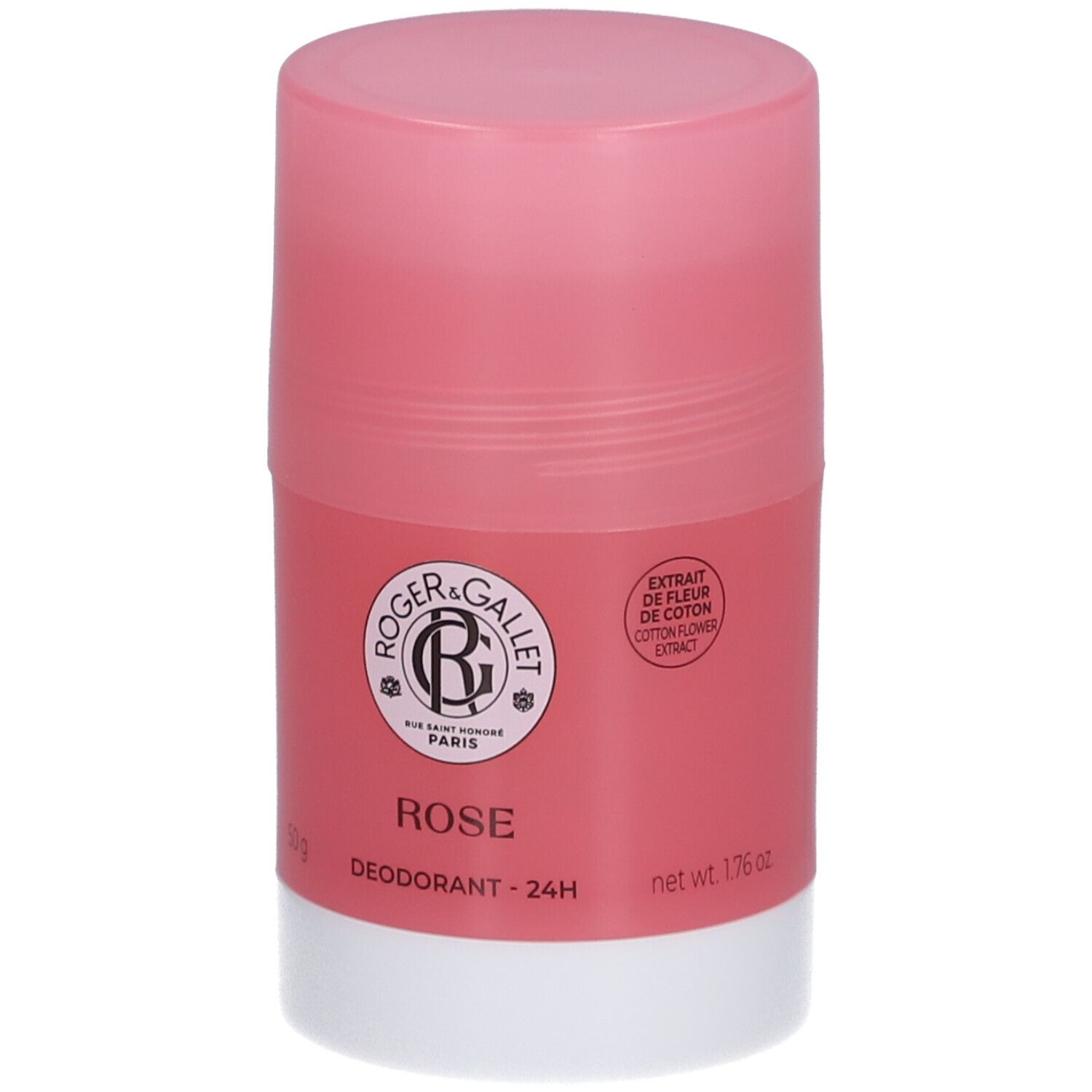 Stick déodorant rose et blanc. Logo et texte: ROGER & GALLET, ROSE, Déodorant - 24H. 1.76 oz.