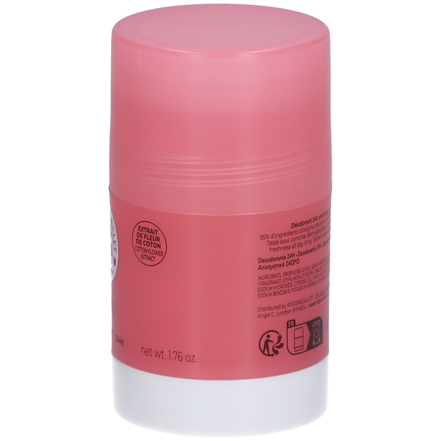 Stick déodorant rose et blanc. Texte au dos, incluant ingrédients et logos. 1.76 oz.