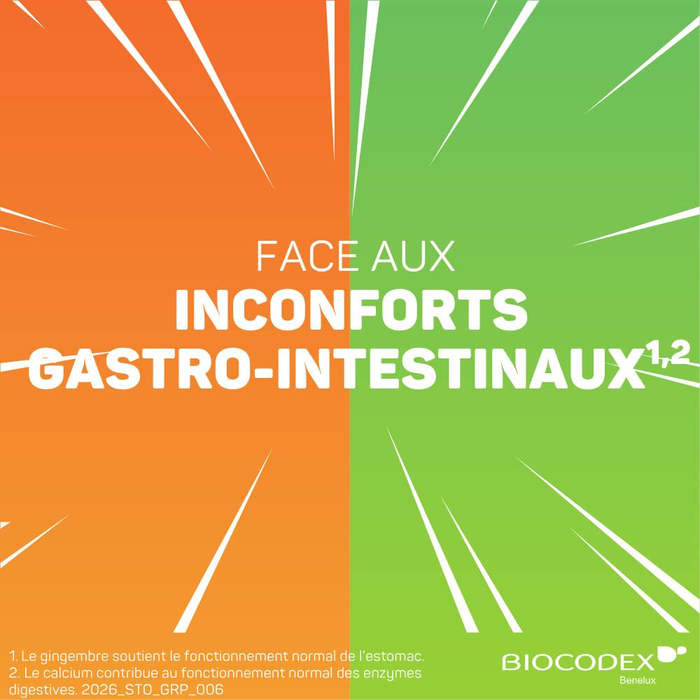 Boîte Symbiosys Stomalex avec illustration de l'estomac et informations sur 30 gélules.
